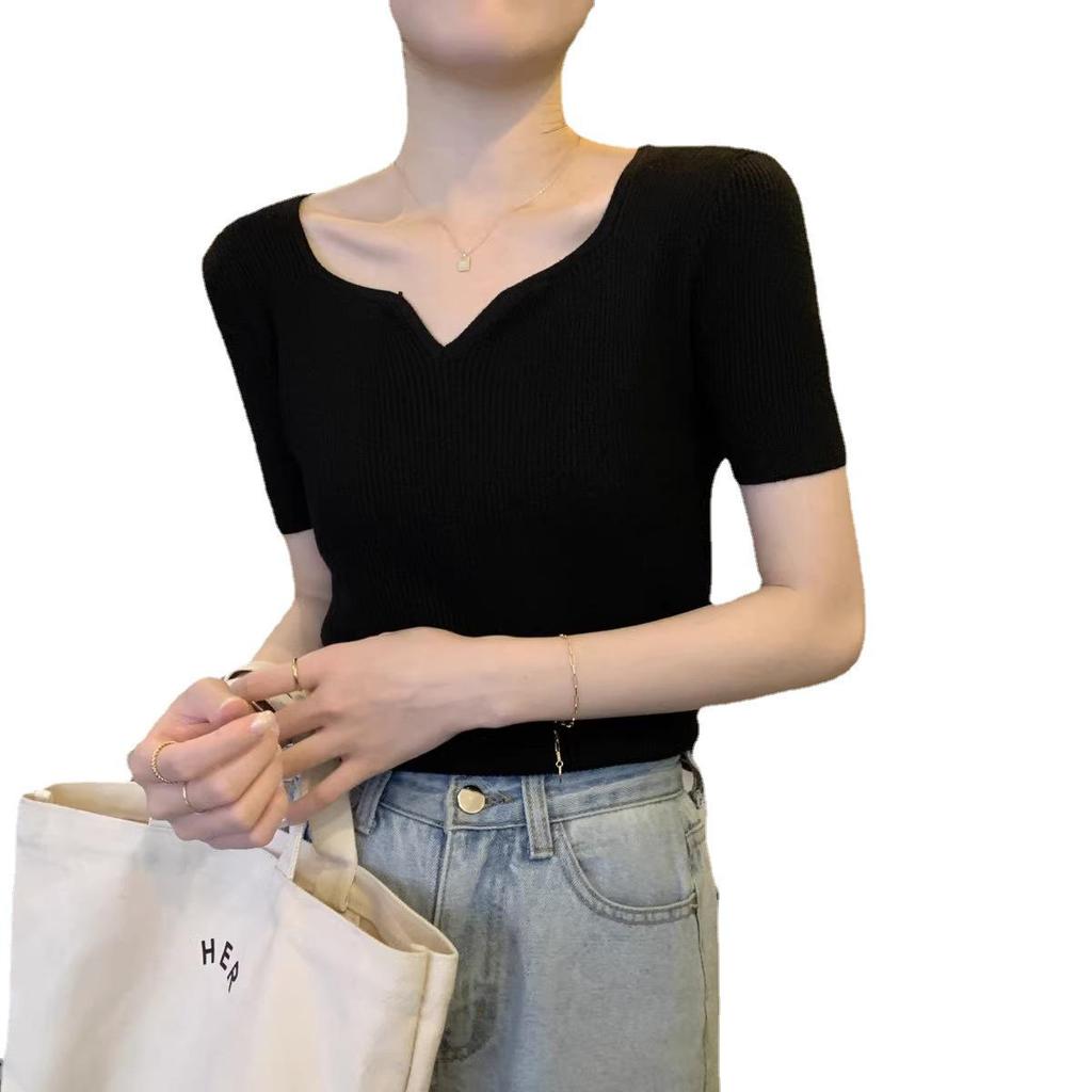 Chic French V-Neck Square Neck Short Sleeve Knitted Sweater T-Shirt for Women