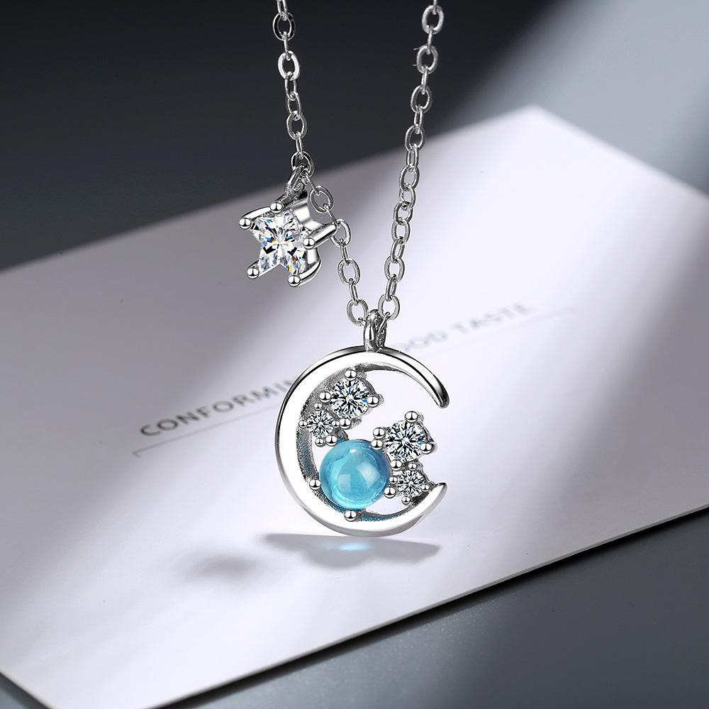 Blue Star and Moon Design Necklace Female Gift for Girlfriend Collarbone Chain Simple Personality Temperament Cold Wind Jewelry