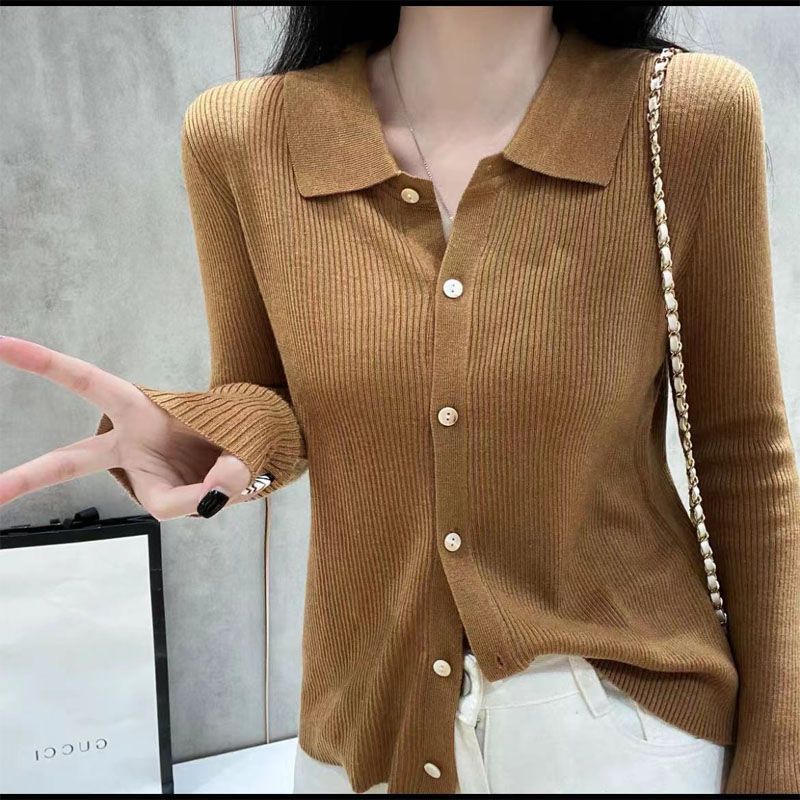 Retro Easy To Wear Amazing Swan Neck Fashionable POLO Neck Solid Color Temperament V-Neck Knitted Sweater Female