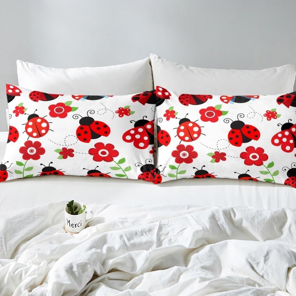 Cute Ladybug Bedding Set, Red Flower Pattern Boys, Girls Adult Bedding Microfiber Duvet Cover Zipper Duvet Cover And2 Pillowcase