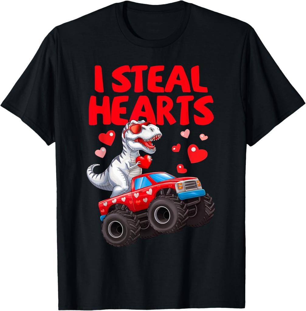 I Steal Hearts Valentines Day Monster Truck TRex Boy T-Shirt