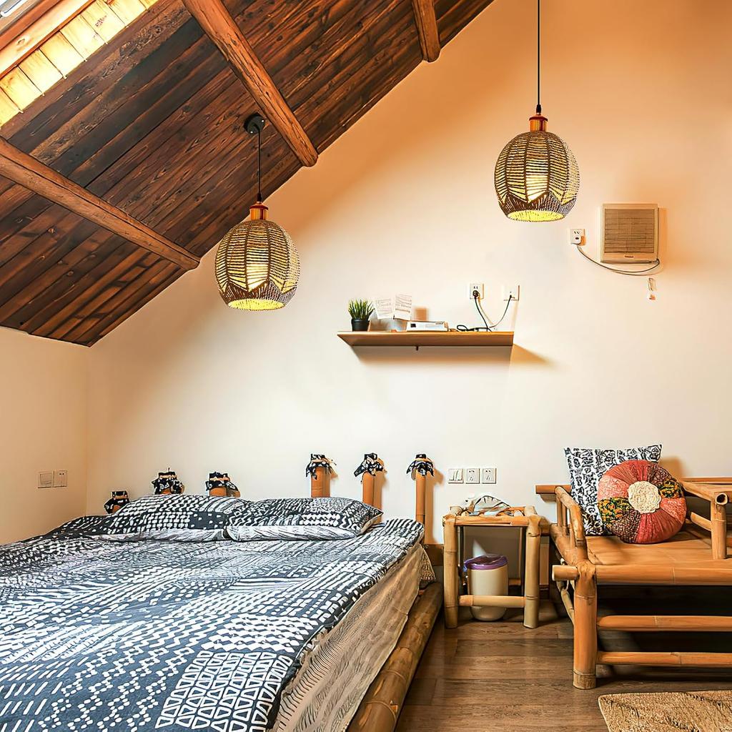 Wicker Globe Lamp Shade Woven Rattan Boho Lamp Shade Replacement Small Ceiling Fan Light Covers Retro Hanging Lampshade for Bedroom Living Room