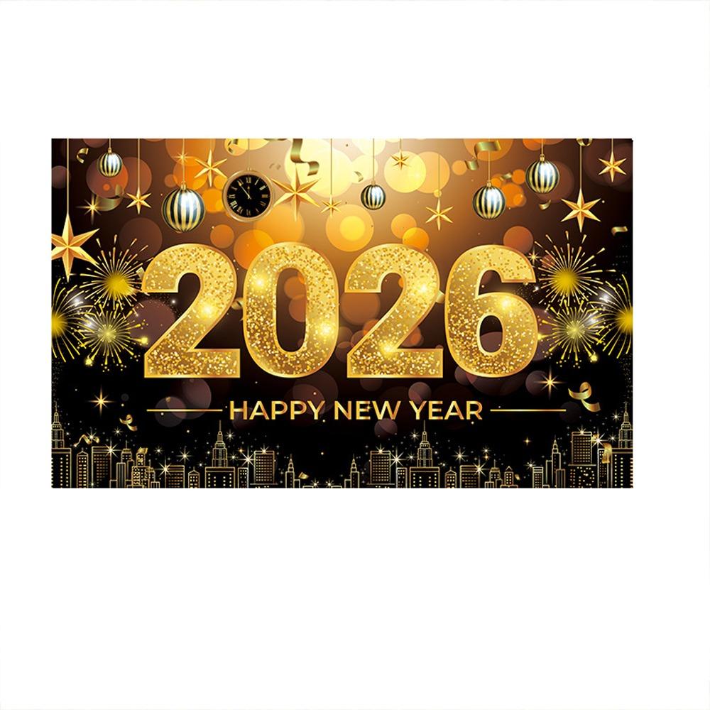 Black Gold 2026 New Year Backdrops Polyester Night Glittering Party Background Colorful Balloon Champagne Photo Background