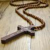 Vnox 36" Long Rosary Necklace Large Wood Jesus Christ Cross Pendant With Wooden Beads Sweater Chain Male Collier Statement Jewel