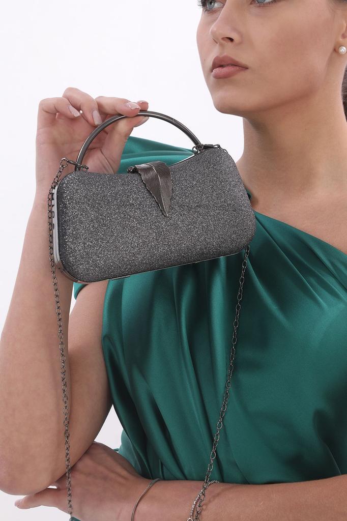 Women's Stylish and Useful Evening Dress Bag Gold Color Bream Material Leaf Accessory Hand and Strap Evening Dress Portfolio Clutch Evening Bag