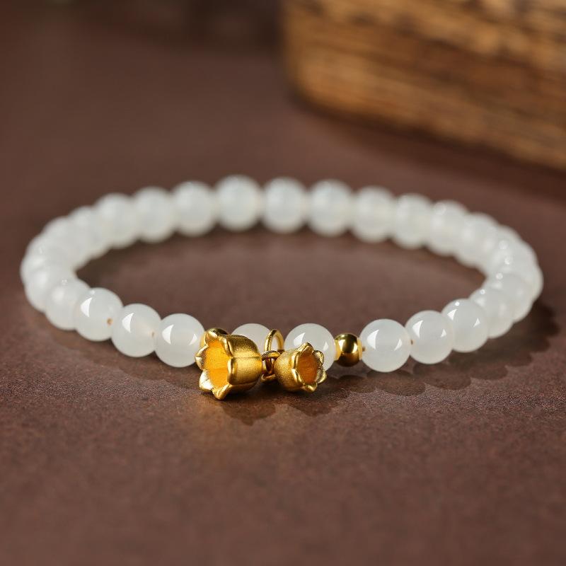 Natural Hetian Jade Bracelet for Women, Sheep Fat Jade with Golden Lily of the Valley Beads, Small Beads, Light Luxury, Niche and Exquisite