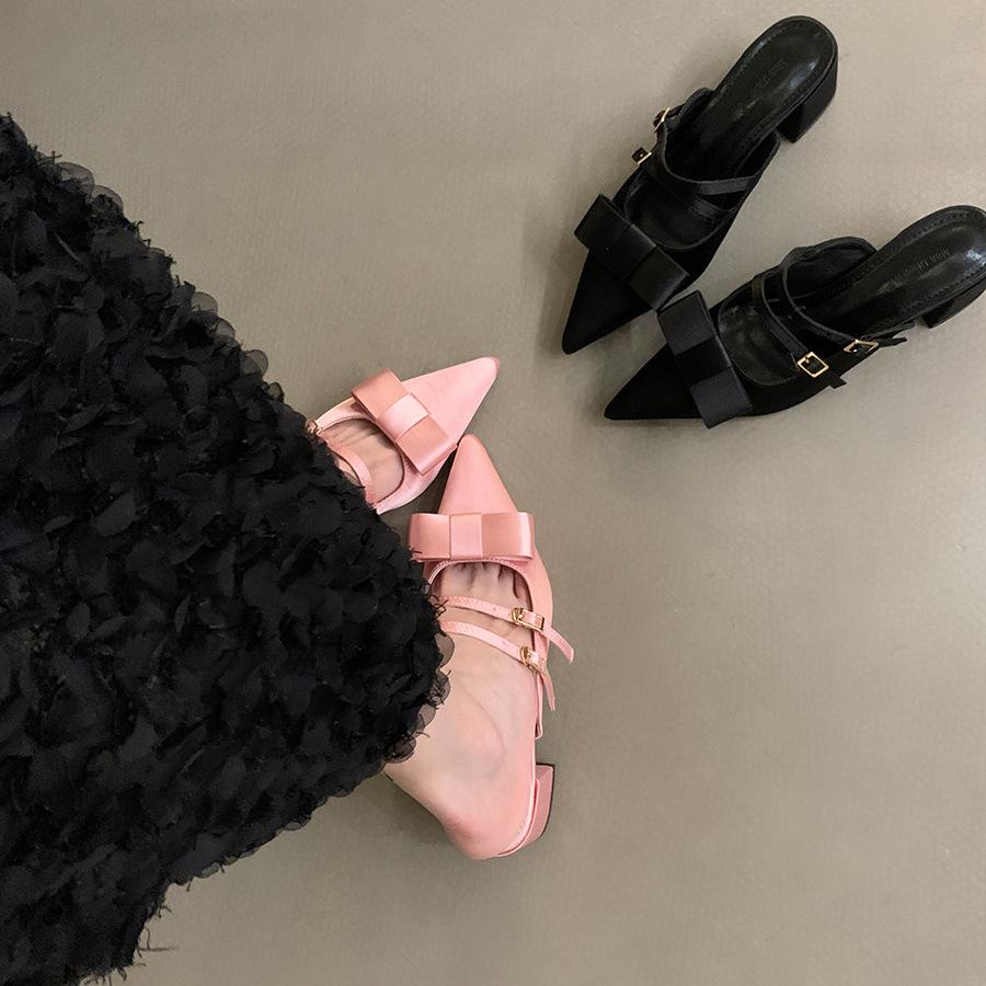 Туфли-полусапожки на грубом каблуке с французским бантом, женская обувь, носить 2025, новые летние остроносые сандалии Мэри Джейн