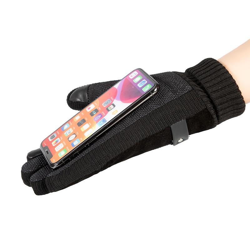 Warm Leather Gloves Knitted Splicing Pigskin Thickened and Velvet Outdoor Cycling Cold-proof Men's Autumn and Winter Touch Screen Gloves
