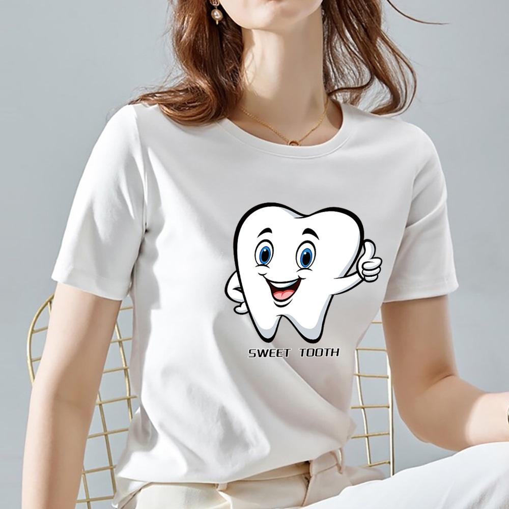 Женская футболка с милым рисунком зубов в стиле Харадзюку, футболка с круглым вырезом, белая уличная классическая универсальная футболка с коротким рукавом 2022
