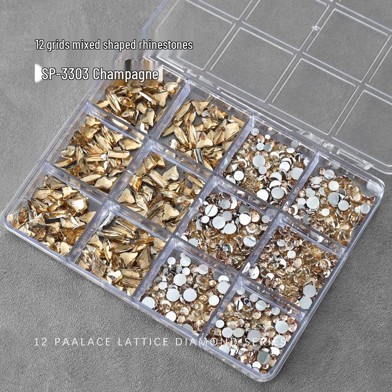 Nail Art Irregular Resin & Colored Rhinestones Set - Flatback, 12 Grids of Mixed Clear Diamonds