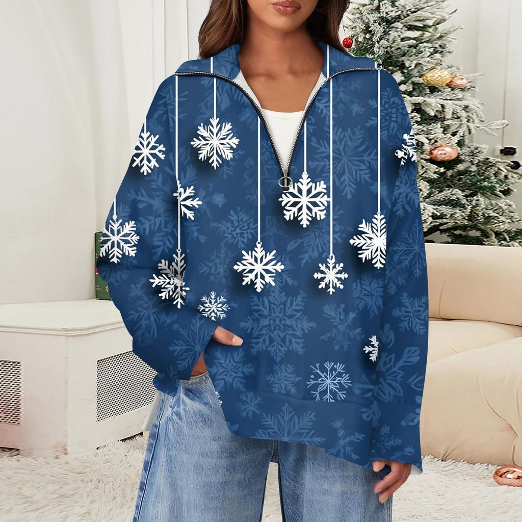 Женский повседневный свитер с полумолнией и лацканами со снежинками и разрезом сверху по бокам, модная одежда