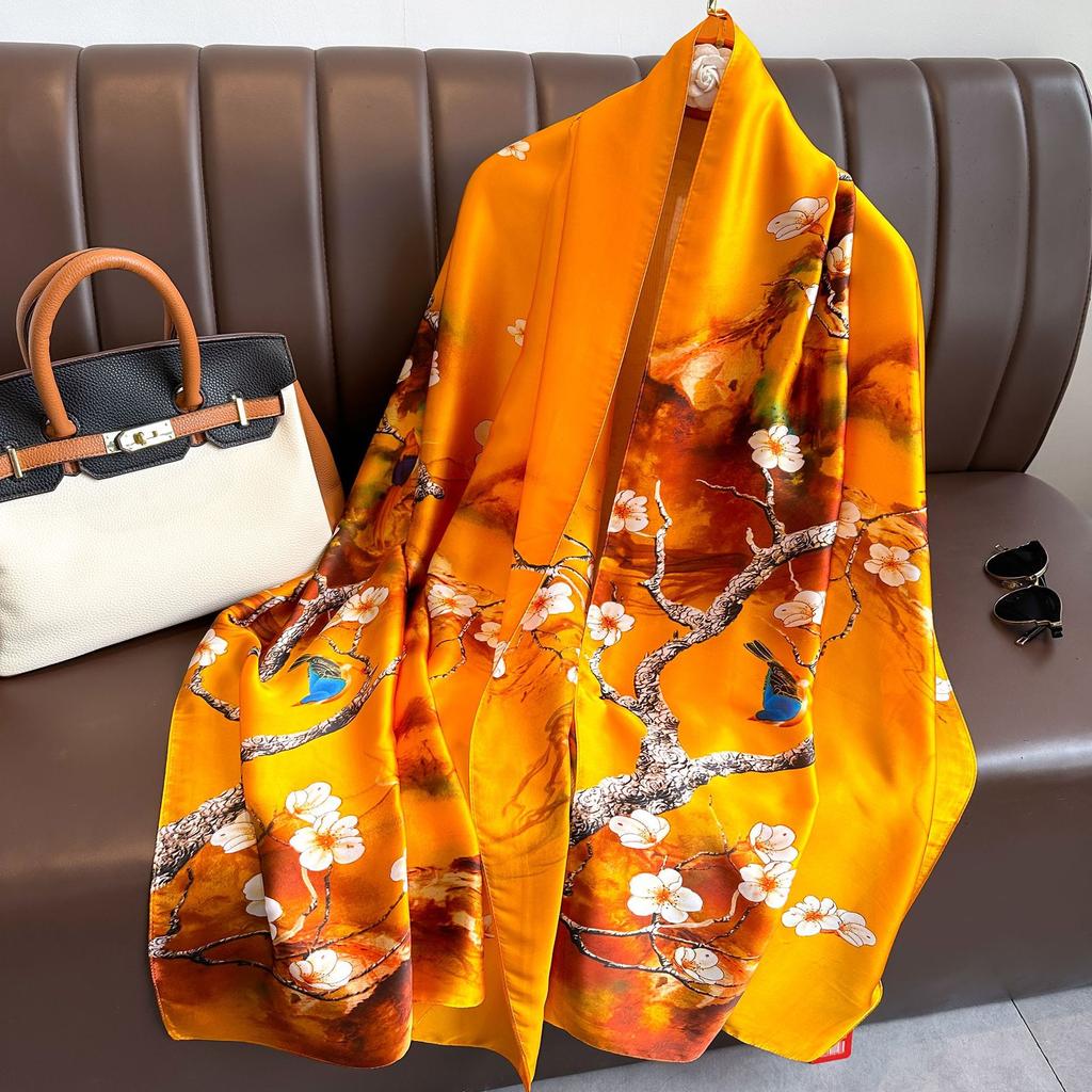 Shawl Scarf for Women - Floral Plant Pattern, Breathable & Sun-Proof, Weekend Casual Style, Non-Stretch, Decorative Silk Scarf with Printed