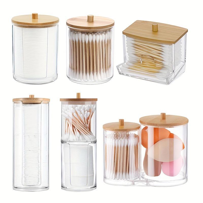 Пластиковый контейнер для ватных дисков с бамбуковой крышкой - Органайзер для ванной комнаты и туалетного столика