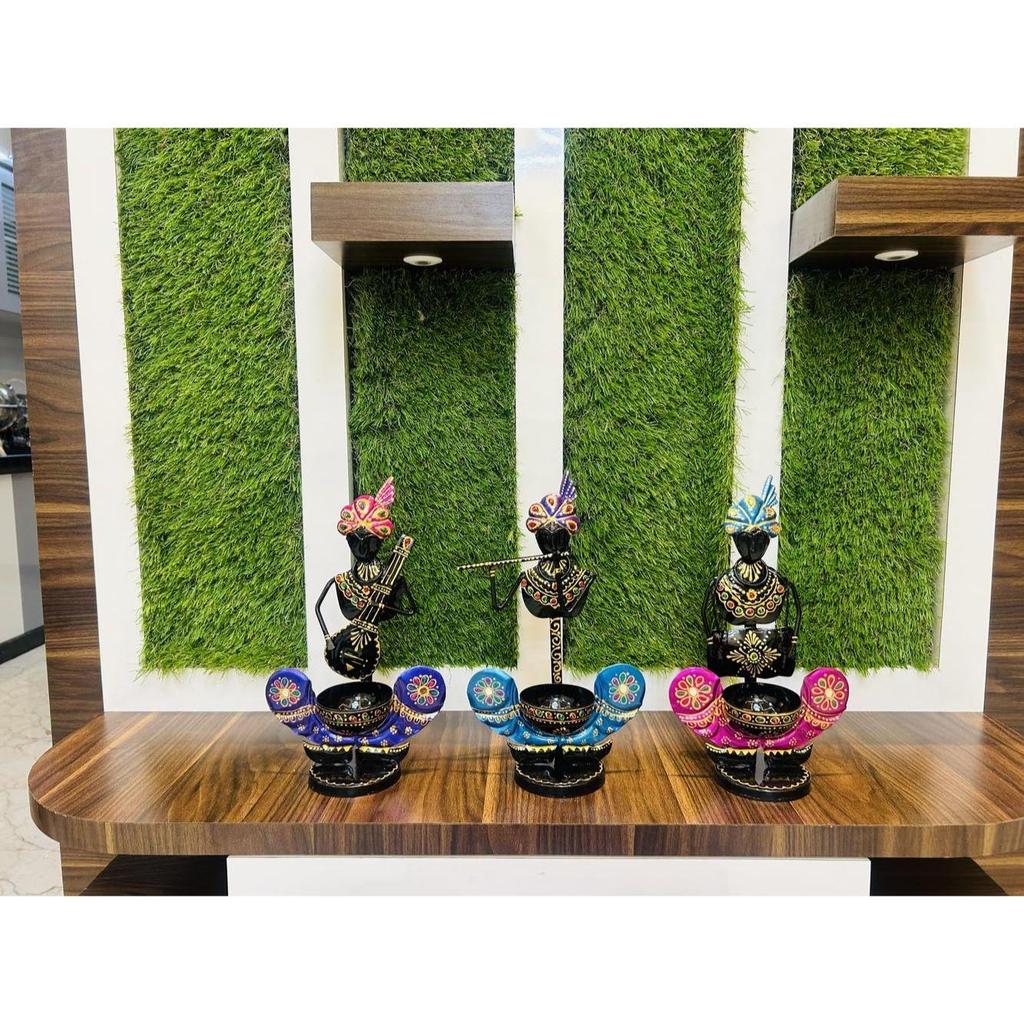 Metal Multicolor Musician Set of 3 With T-Light Stand Playing Musical Instrument Idol Handpainted Showpiece Office Decor (Each Size 7x12 Inch)