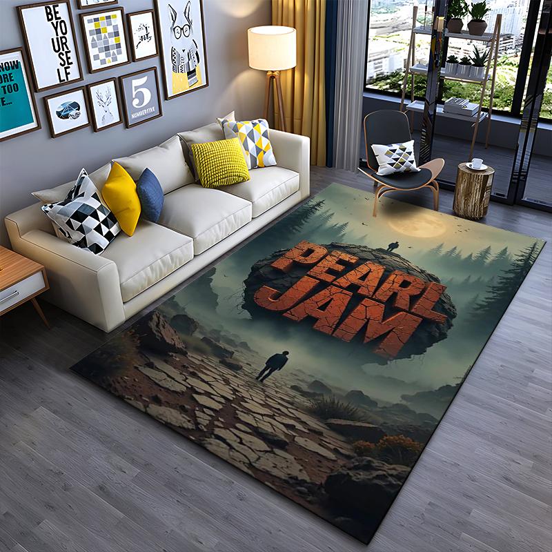 Area Rug, Pearl Jam Orange 3D Logo Forest Moon Surreal Art Print, Man Cave Decor, Non-Slip Mat