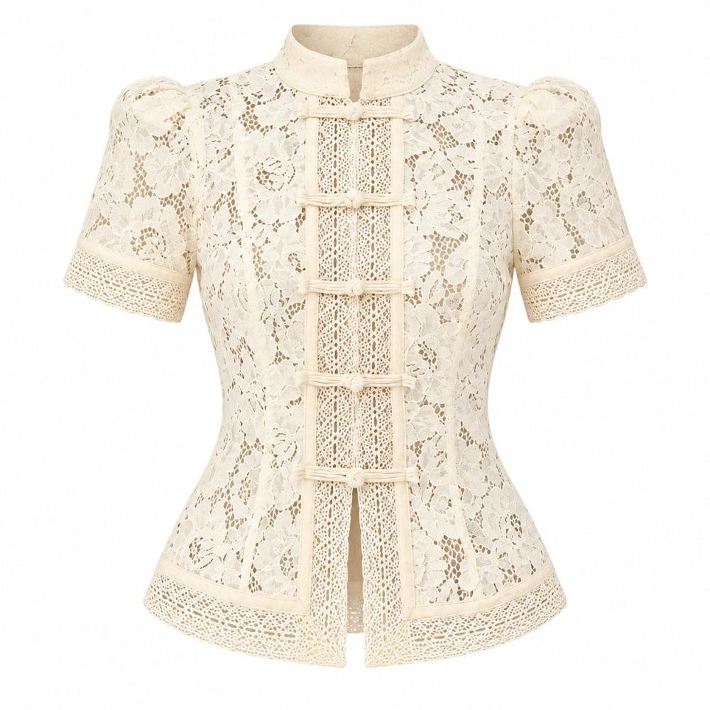 Hollowed Out Lace Printed Shirts Short Puff Sleeve Women Shirt Tops Chic Lace Blouse Party