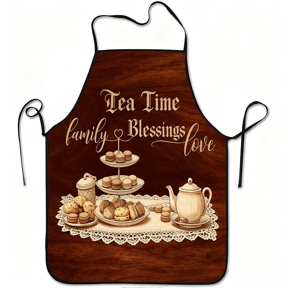 1pc Tea Time Family Blessings Love Print Apron, Durable And Easy to Clean, Adjustable Waistband, Polyester Material, for Kitchen Cooking, Gardening, O