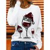 Christmas Santa Hat Red Wine Glass Shiny Decoration Sports Casual Long Sleeve Top