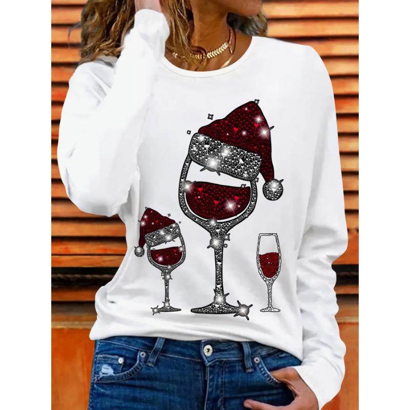 Christmas Santa Hat Red Wine Glass Shiny Decoration Sports Casual Long Sleeve Top