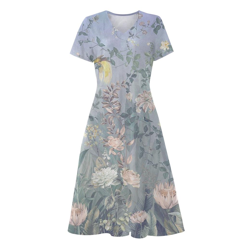 Women's Summer Casual Floral Print Short Sleeve Swing Dress