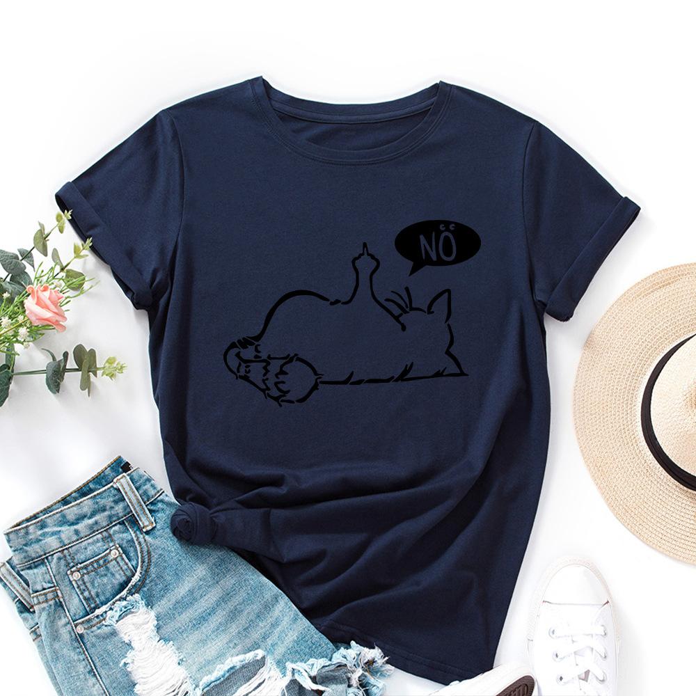 Cat No Cartoon Pattern Cotton T-Shirt Short Sleeve Round Neck Women 2d Print Tops