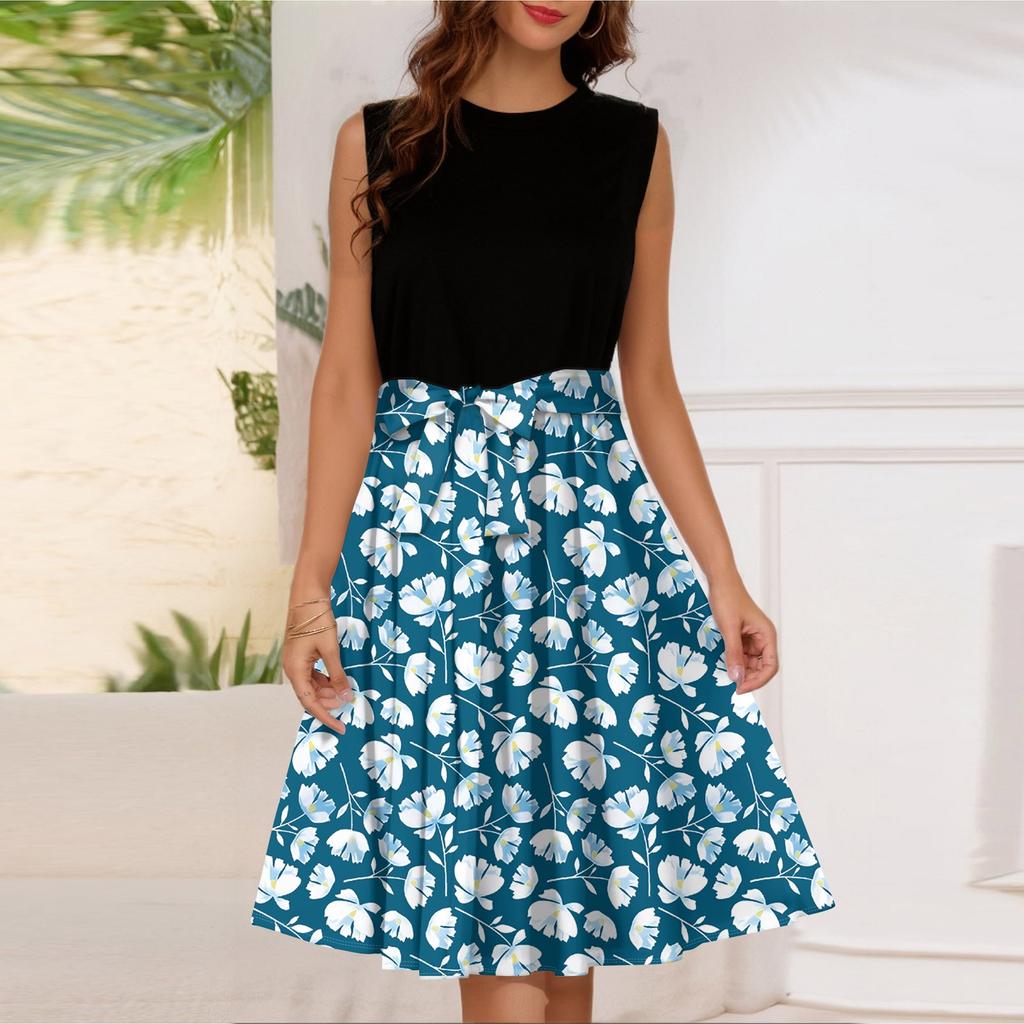 Женское модное повседневное короткое платье без рукавов со шнуровкой и круглым вырезом