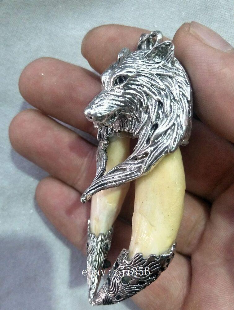 Китайская коллекция Зубы Инкрустированный Тибетское Серебро Голова Волка Подвеска Амулет
