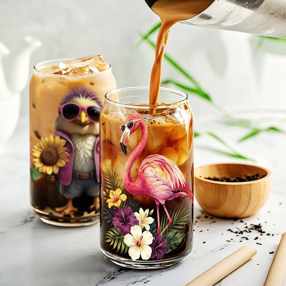 6PCS Cute Tropical Bird UV DTF Crystal Label Stickers Summer Jungle Flamingo Transfers Stickers for Glass Cups Bottles DIY Craft