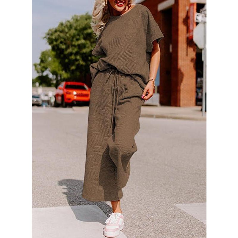 YYFS Женские модные повседневные летние весенние однотонные принты с коротким рукавом и круглым вырезом брюки костюмы