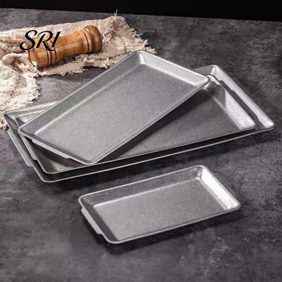 Thickened Stainless Steel Pan Vintage Rectangular Tray Retro Industrial BBQ Platter with Snack Serving Double Handles Large Heavy Duty Dish