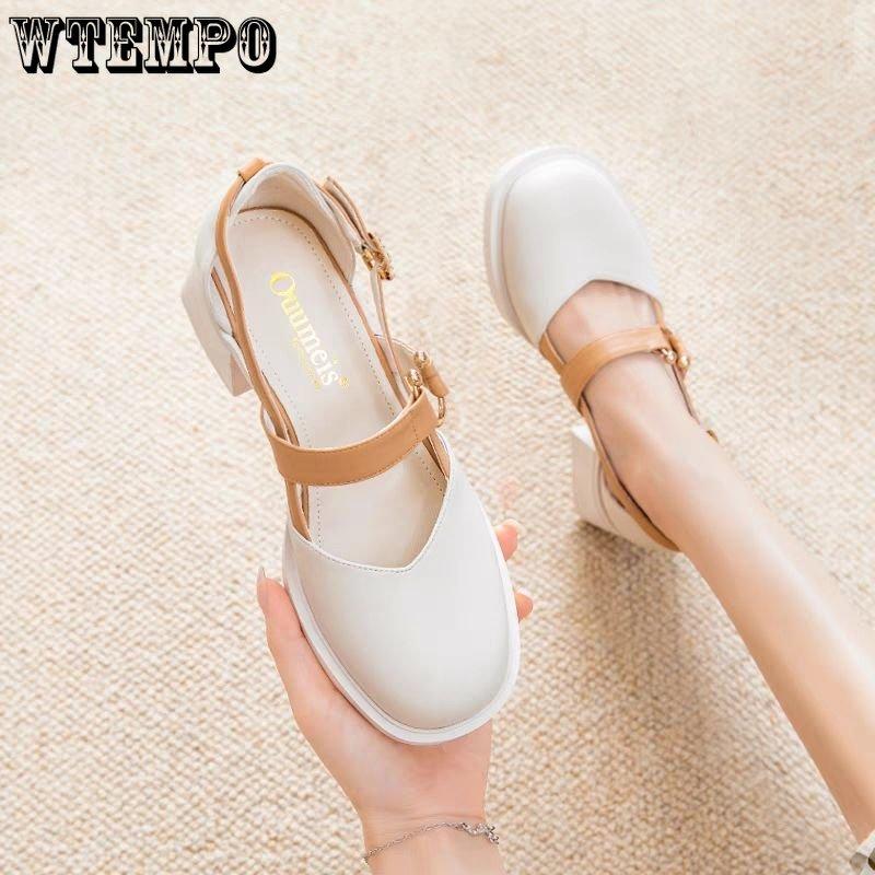 Thick with Summer Leather Shoes Female Sweet Temperament High with Round Head Sandals Female
