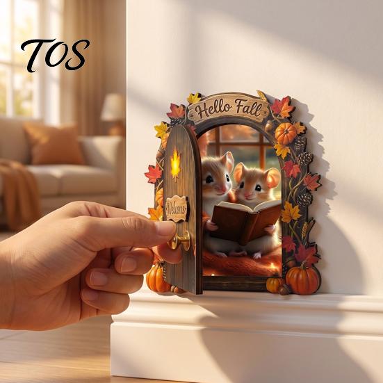 Elf Decorative Ornaments Wooden Door Halloween Decor, 2D Fairy Mouse Miniature Wall Rustic Autumn Shelf Decor Hanging, Ornament for Home, Thanksgiving