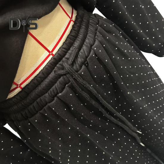 2 шт./комплект женский топ брюки костюм круглый вырез длинный рукав стразы декор толстовка эластичный пояс широкие брюки повседневная одежда спортивный наряд осень