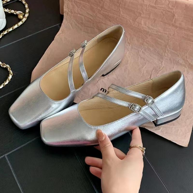 Fashion Spring New Single Shoes Women's Square Head Shallow Mouth One Word Buckle Soft Sole Anti-slip Wear-resistant Low Heel Shoes