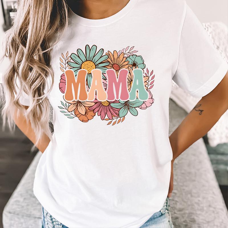 Ретро Цветочный MAMA Графические Футболки Женские Подарок на День Матери для Новой Мамы Милая Футболка Мамы Леопардовая Молния Футболка с Круглым Вырезом Мамы