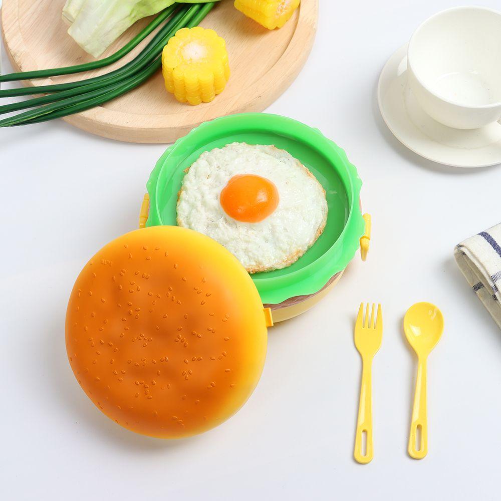 Cute Hamburger Fork Food Container Lunch Box Double Tier Bento Lunchbox