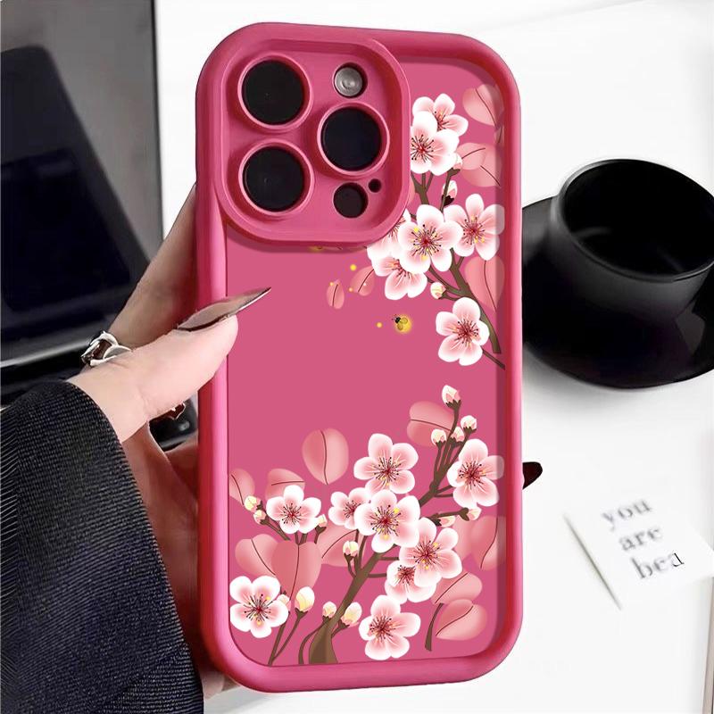 Для iPhone 16 Pro Max 15 Pro 14 Plus 13 12 11 XS 8 7 чехол для телефона розовый цветочный принт матовый противоударный защита линз TPU мягкий бампер чехол