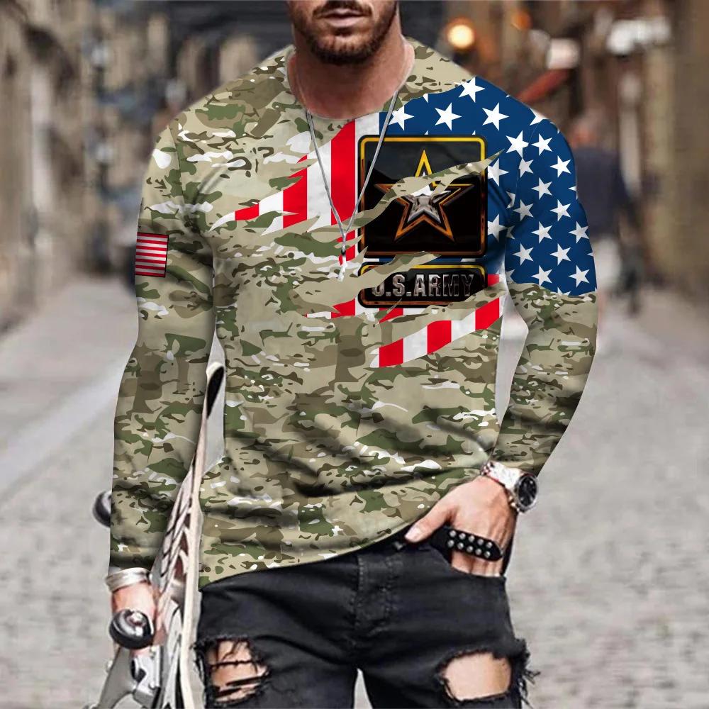 Летняя мужская футболка с круглым вырезом American Eagle и 3d принтом, повседневная футболка большого размера с длинными рукавами, модный пуловер, трендовая мужская одежда