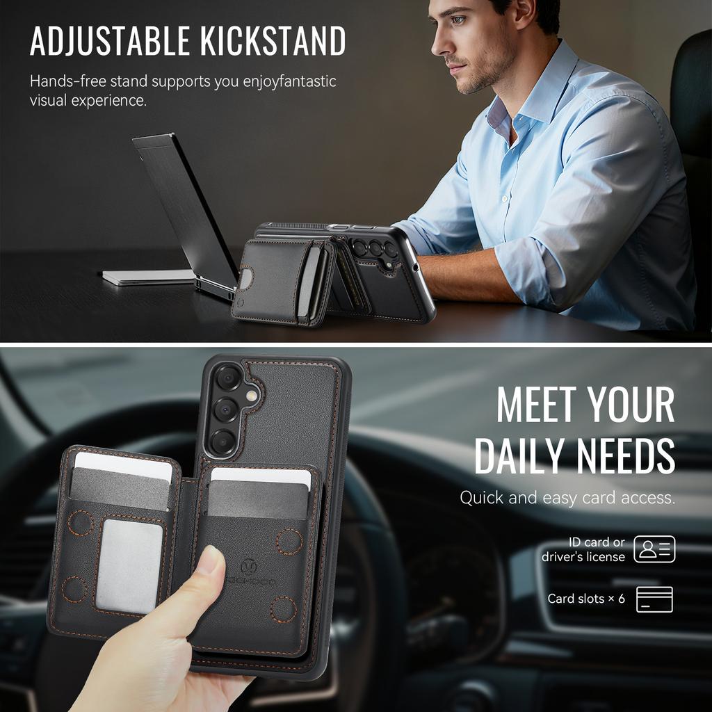 For Samsung Galaxy A15 5G/Galaxy A15 4G Magnetic Case JEEHOOD J10 Leather Back Phone Cover with Detachable Card Holder Kickstand