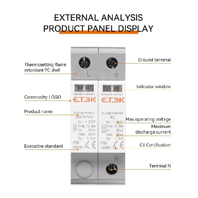 ETEK SPD Type T1+T2 House Lightning Surge Protective Device Protector Arrester Protection 2P 4P 1P+NPE 3P+NPE EKU5