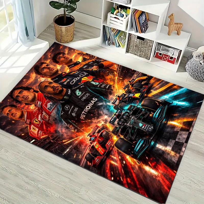 F1 Legends Collage Rug, Formula 1 Racing Drivers and Race Car Print Area Rug, Motorsport Fan Floor Mat