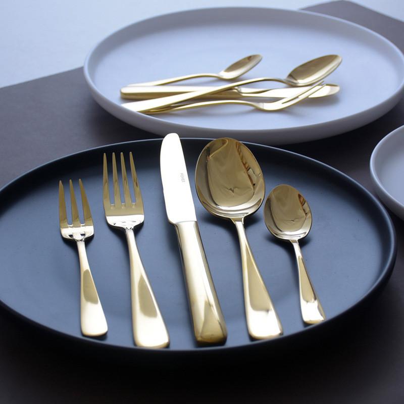 Роскошная золотая посуда из нержавеющей стали, нож, вилка, ложка, стейк, рыбный ужин, десерт, салат, кофе, столовая