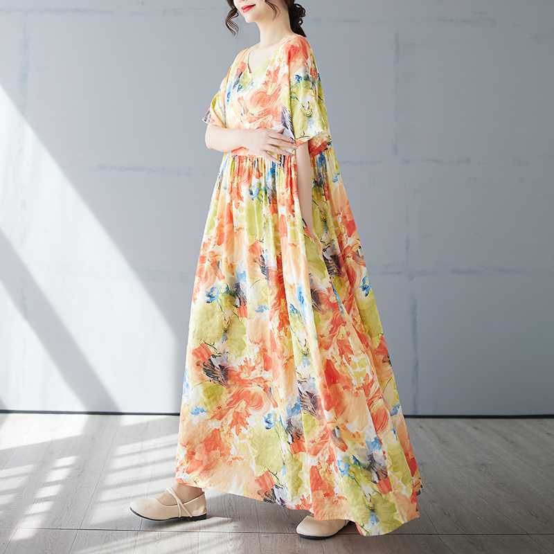 Женская простая и модная длинная юбка летнее платье с короткими рукавами и круглым вырезом с принтом