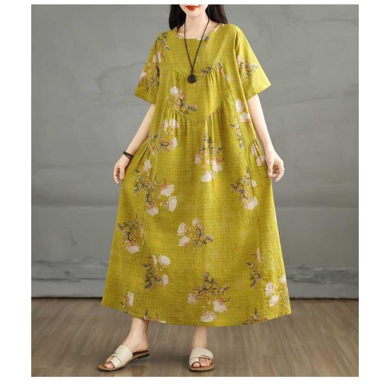 Летнее ретро платье из хлопка и льна с круглым вырезом и короткими рукавами, женская свободная юбка