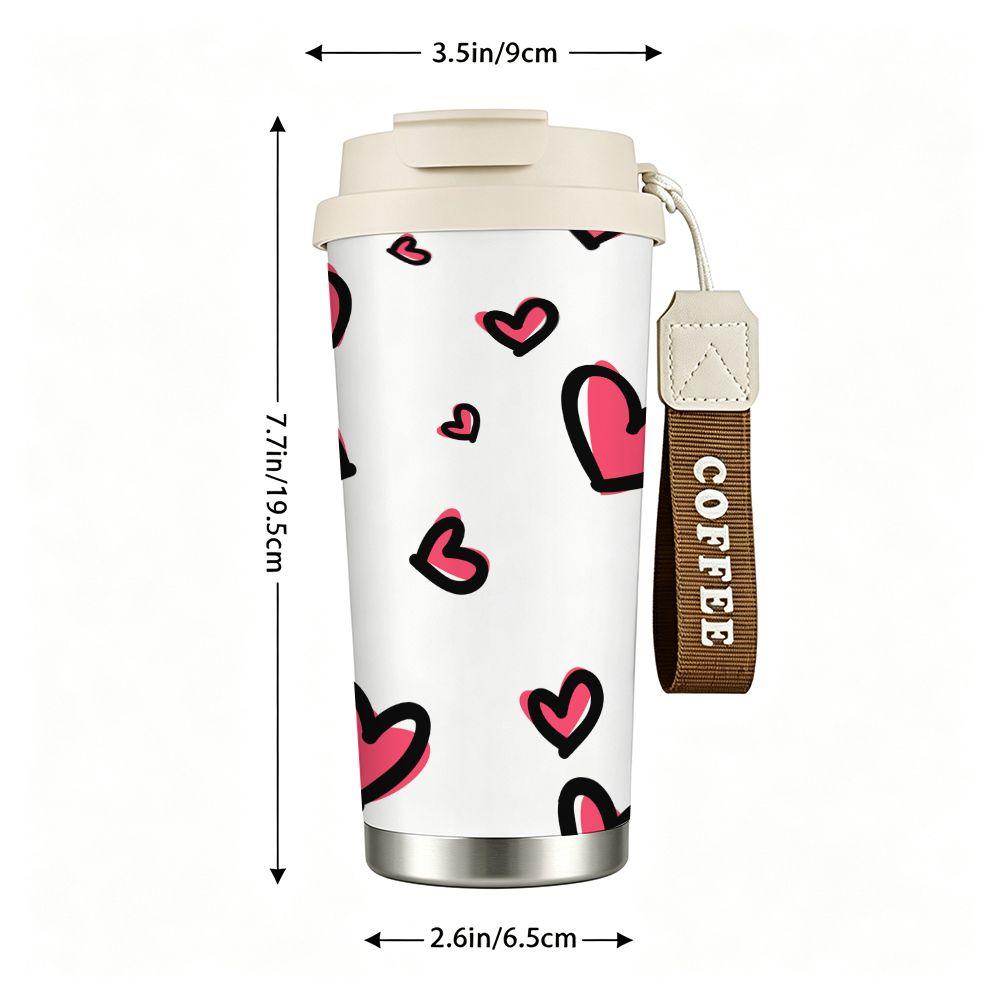 Cute Pink Hearts Pattern Stainless Steel Insulated Coffee Tumbler Reusable Vacuum Thermal Travel Mug Portable Cup for Gifts Office