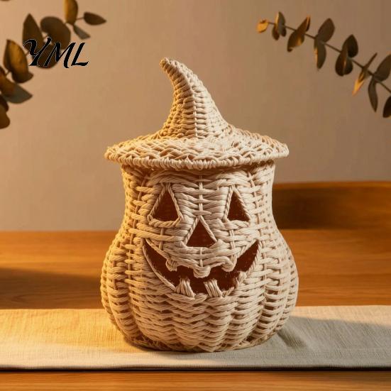Rustic Fall Aesthetic Halloween Pumpkin Lantern Tabletop Decor, Woven Witch Hat Candy Bowl & LED Gothic Home Decor Prop, Centerpiece for Shelf Mantel