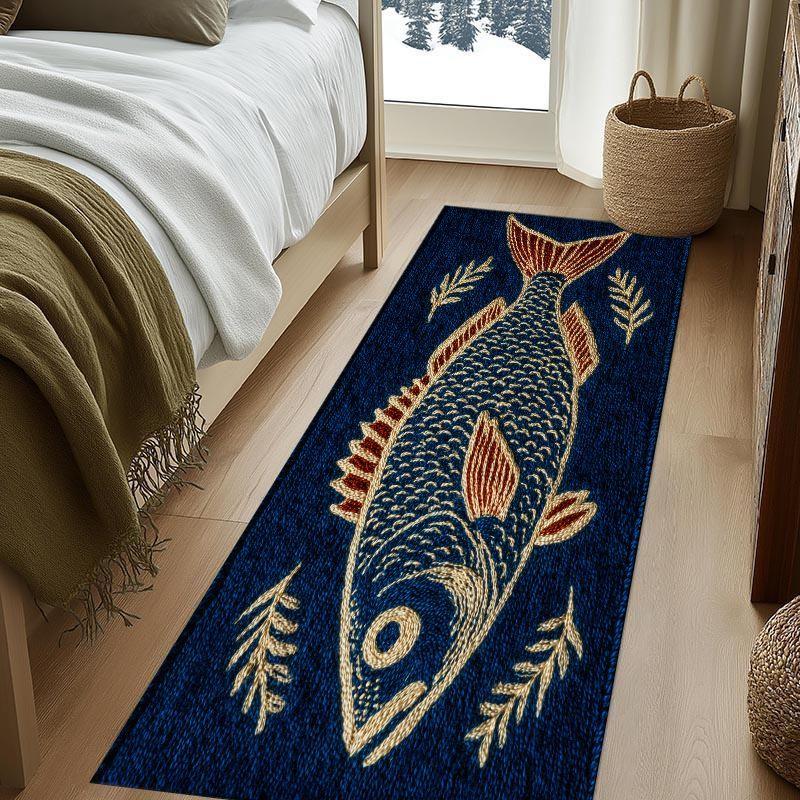 Cozy Blue Fish Print Area Rug Soft Non-Slip Bathroom Mat for Living Room Entryway and Home Decor