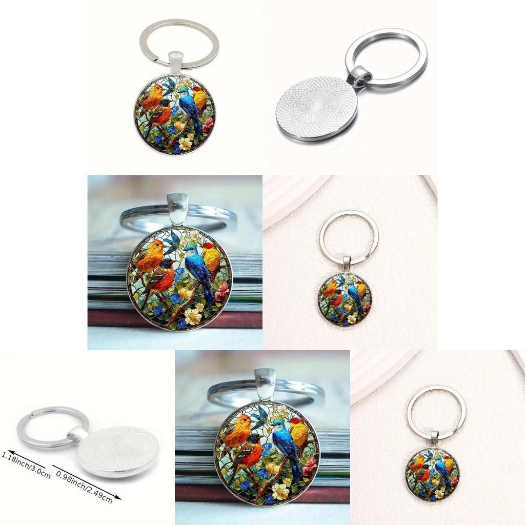 Watercolor Bird Group Glass Keyring With Alloy Material For Gift And Everyday Use