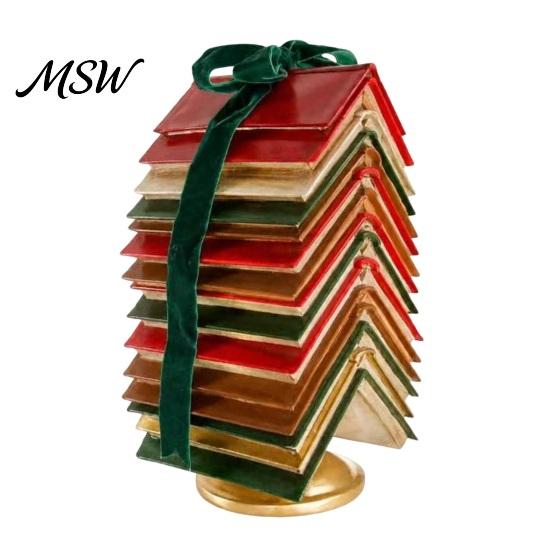 Stacked Book Christmas Tree Decor Tabletop Decor, Resin Page Ornament for Home Memorable Secret Santa Gift Writers Office Desk, Rustic Holiday