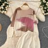 Spring Autumn Oil Painting Print Knitted Sweater Trouser Two Piece Set Women Pullover Tops and Wide Leg Pants Tracksuit
